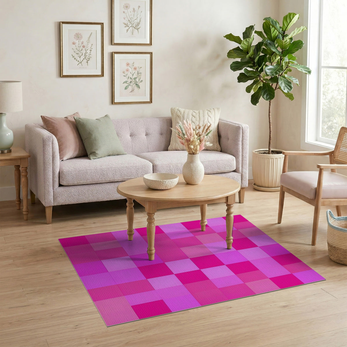 Pink Vibrant Pink Checkered Geometric Area Rug