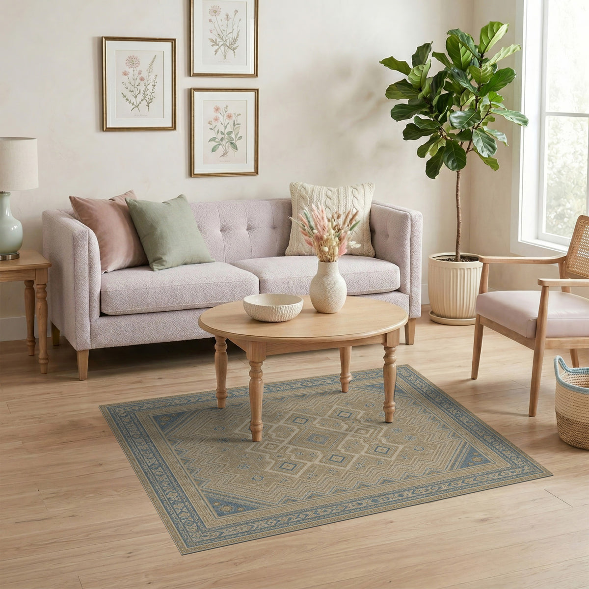 Distressed Blue Geometric Vintage Area Rug