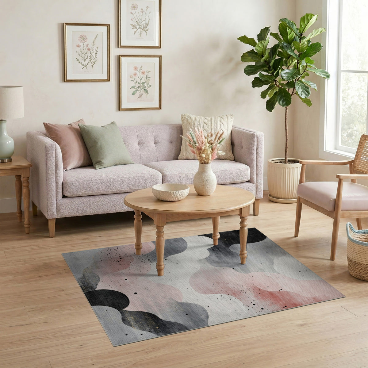 Abstract Wave Pink Black Area Rug