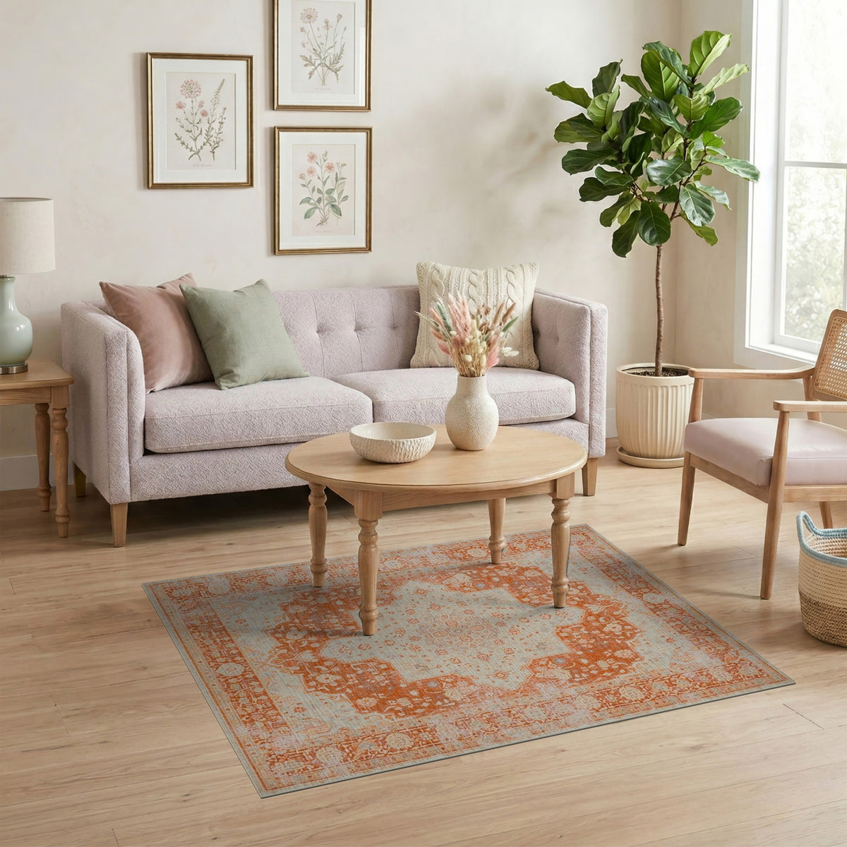 Distressed Orange Vintage Medallion Area Rug
