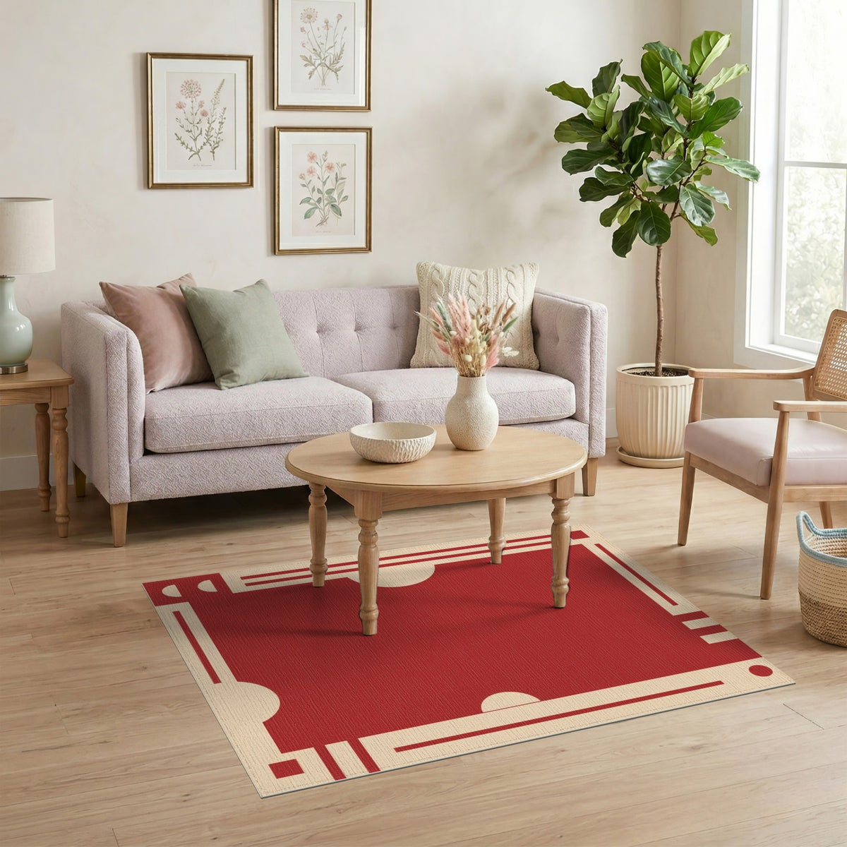 Red Geometric Area Rug with Cream Borders