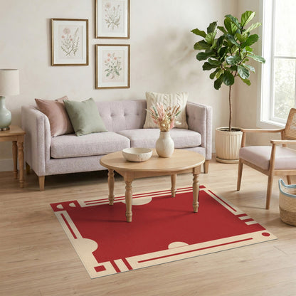 Red Geometric Area Rug with Cream Borders