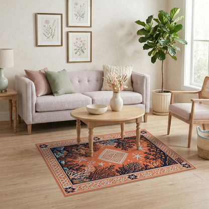 Orange Coral Starfish Coastal Area Rug