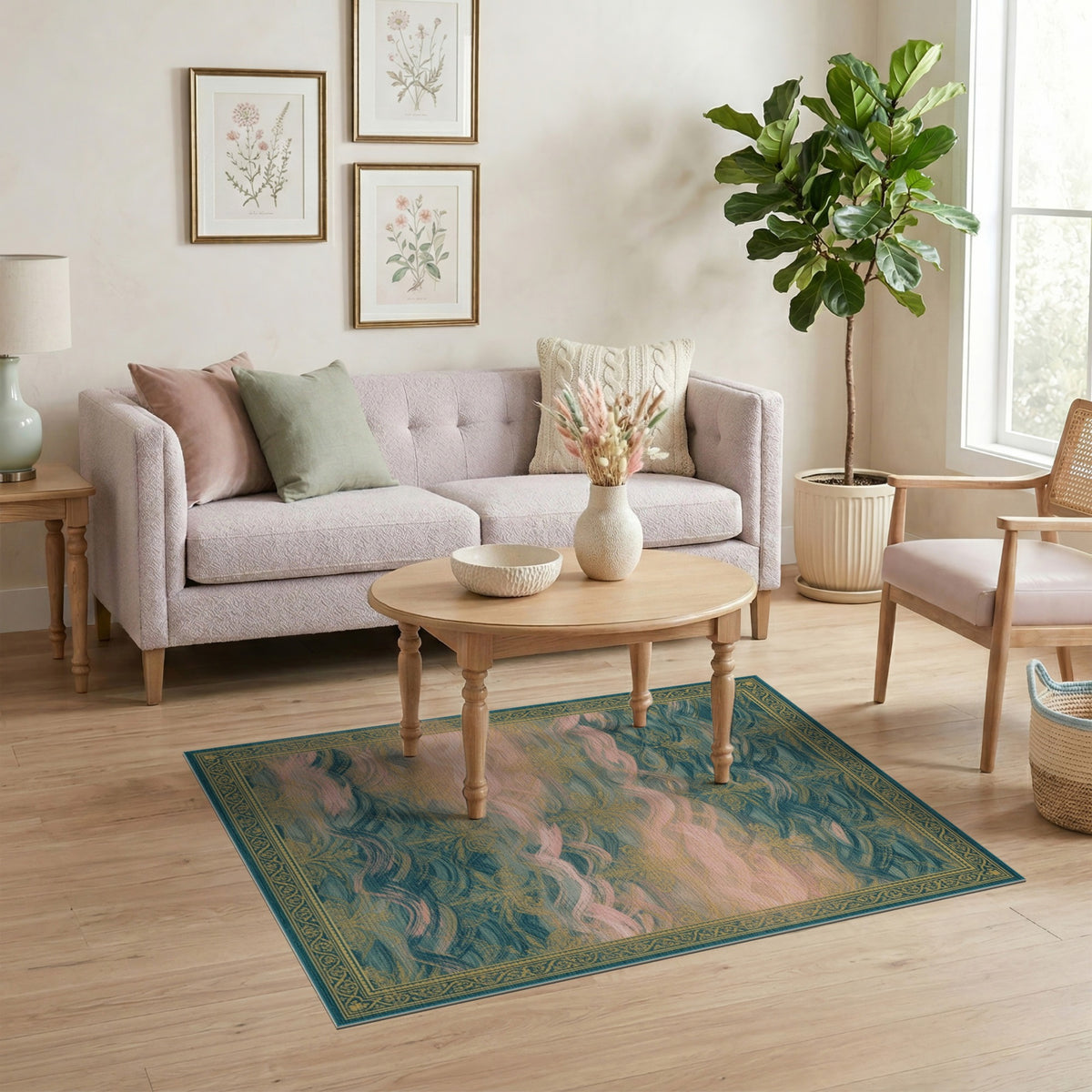 Blue Teal Floral Wave Vintage Area Rug