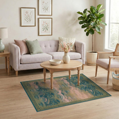 Blue Teal Floral Wave Vintage Area Rug