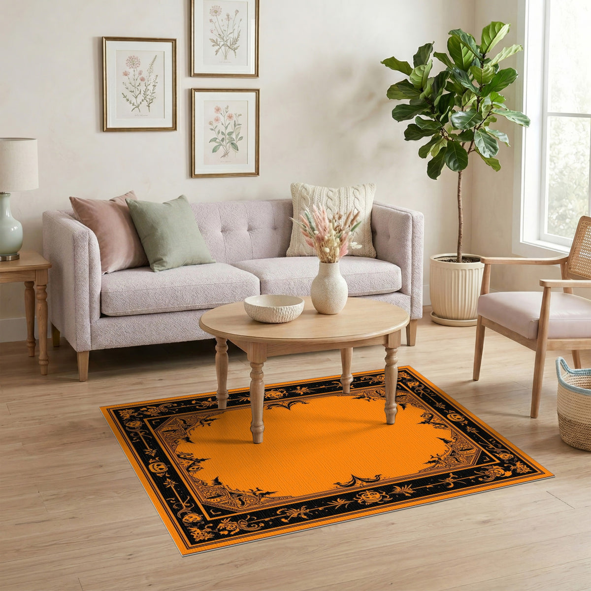 Orange Halloween Cartoon Area Rug with Pumpkins
