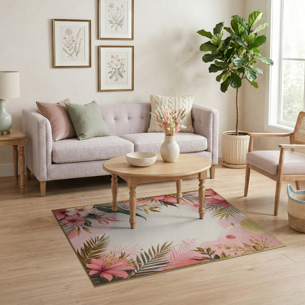 Pink Floral Vintage Pink Floral Gold Washable Area Rug