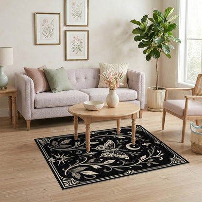 Moth Moon Floral Black White Area Rug