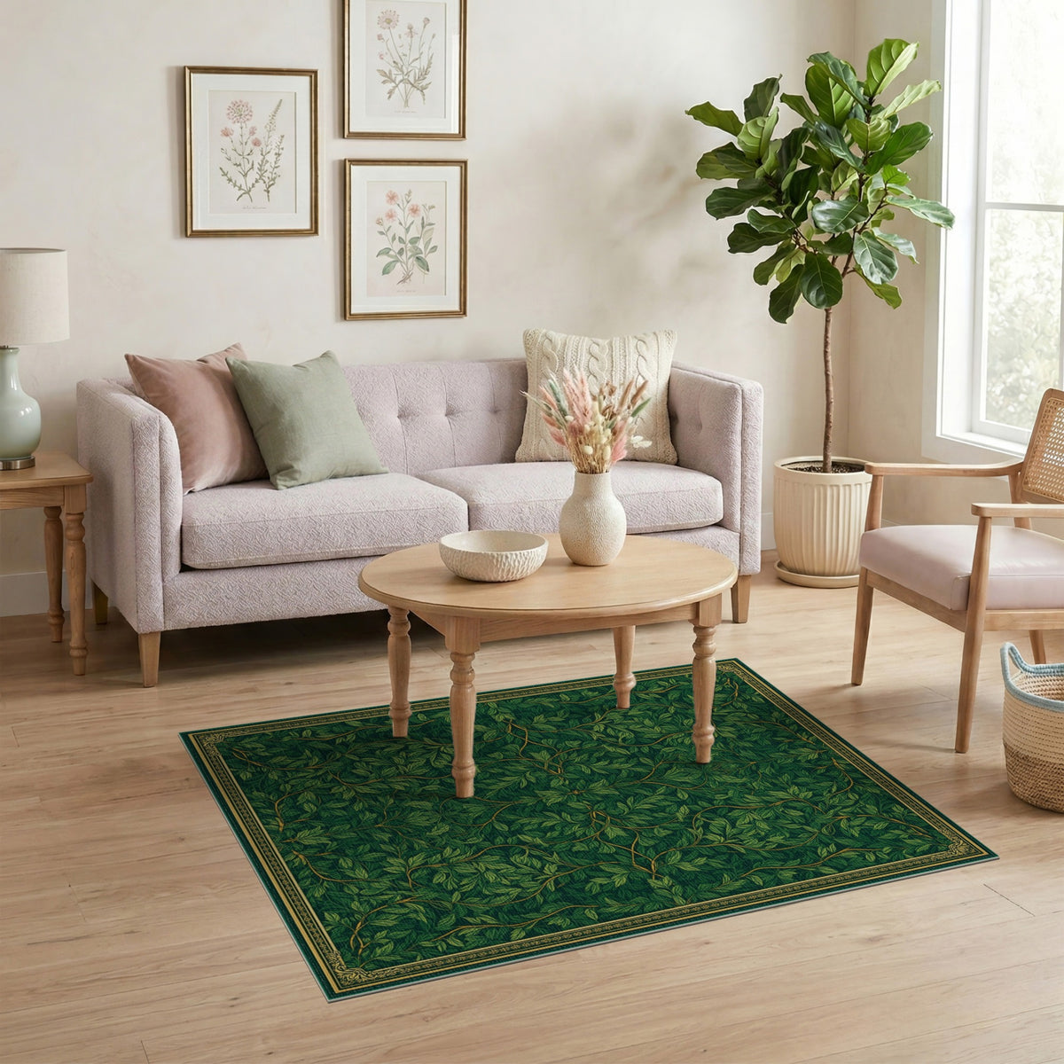 Lush Green Vine Leaf Floral Vintage Area Rug