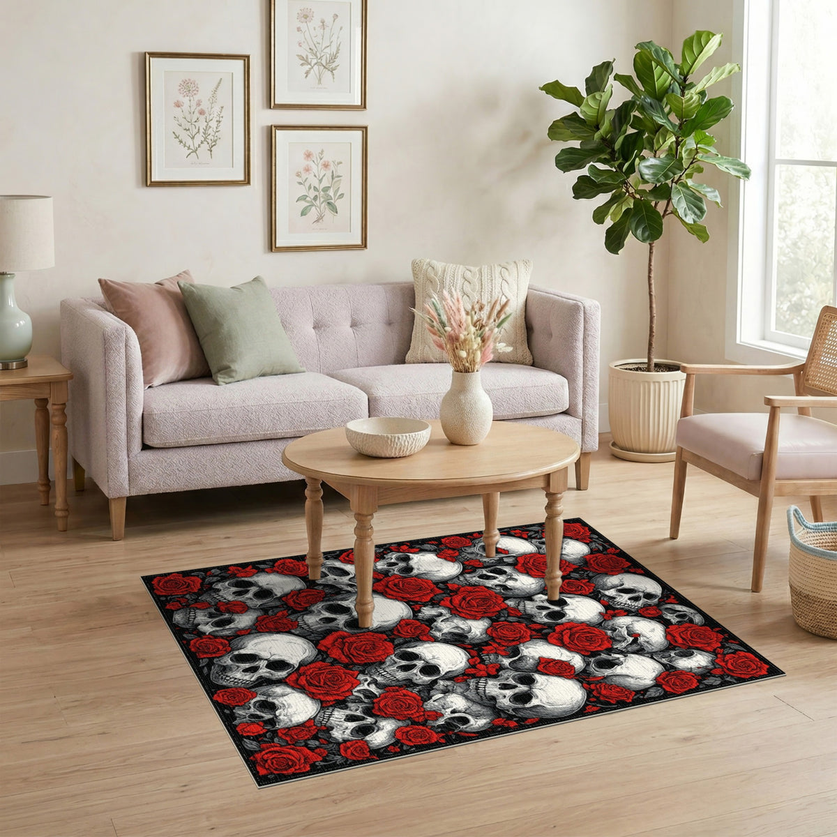 Skull and Red Rose Black Area Rug