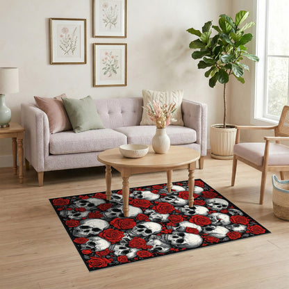 Skull and Red Rose Black Area Rug