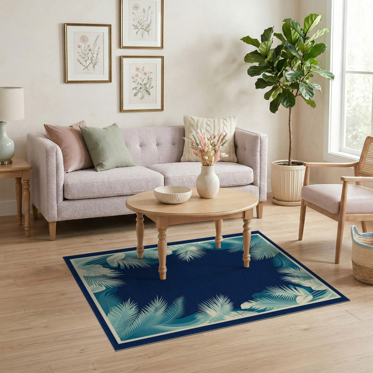 Blue Teal Palm Leaf Coastal Area Rug