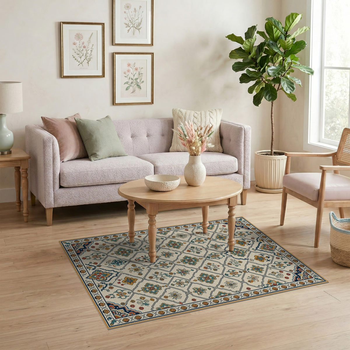 Blue Teal Floral Vintage Area Rug