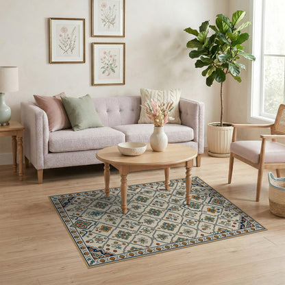 Blue Teal Floral Vintage Area Rug