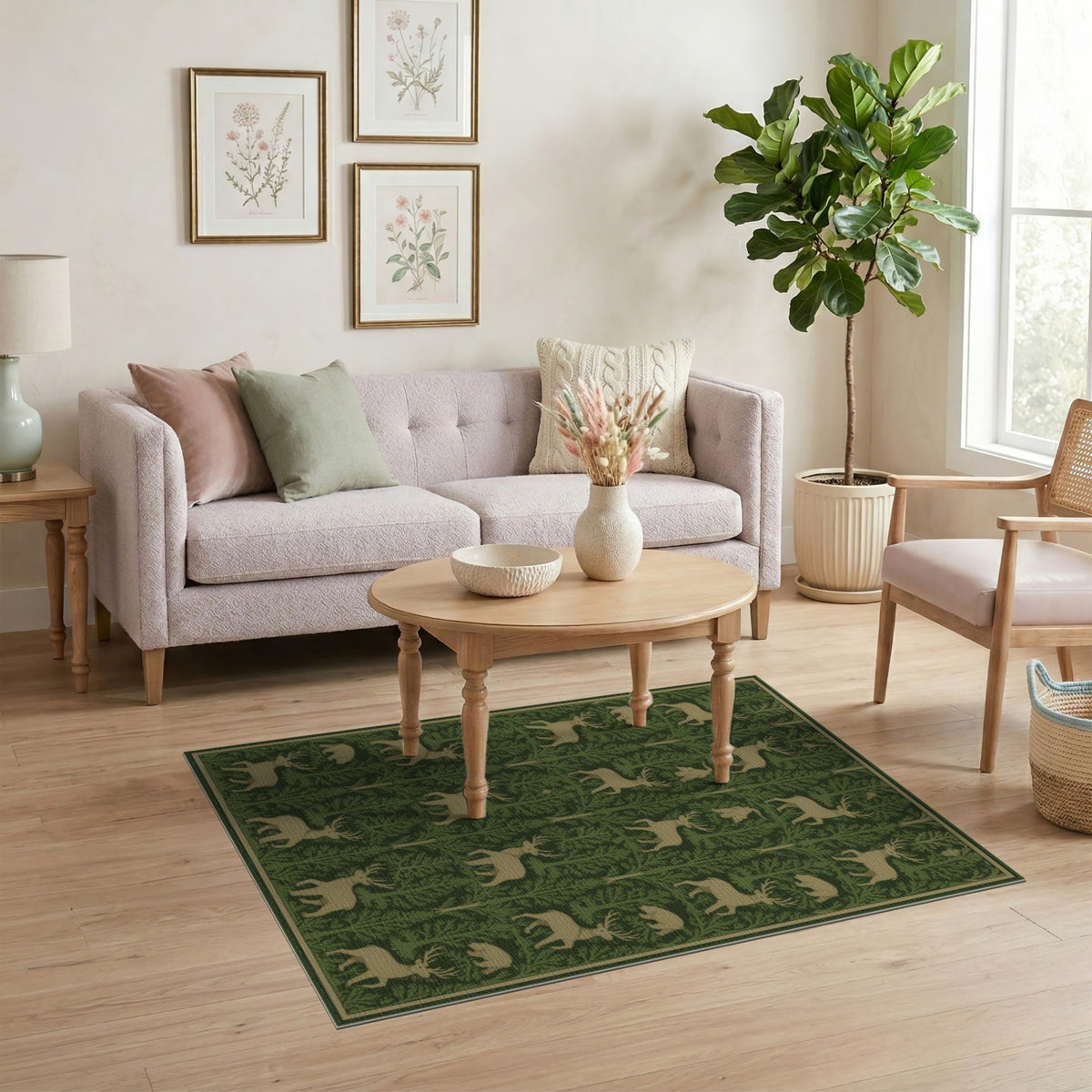 Green Forest Deer Bear Rustic Area Rug