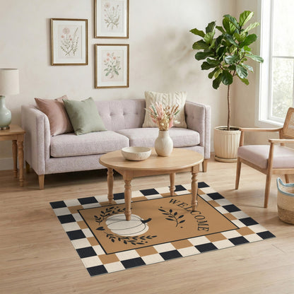 Pumpkin Welcome Checkered Brown Area Rug