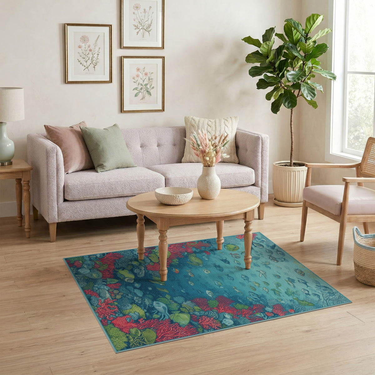 Blue and Teal Ocean Coral Reef Fish Area Rug