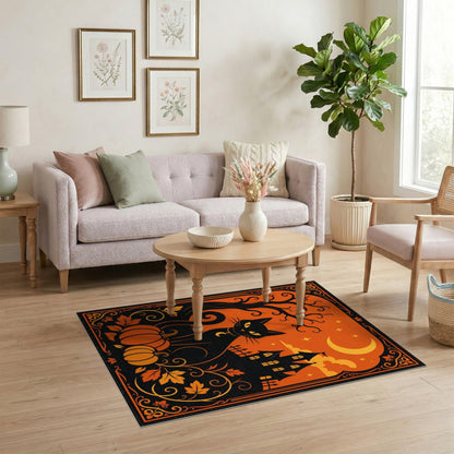Orange Black Cat Pumpkin Halloween Orange Area Rug