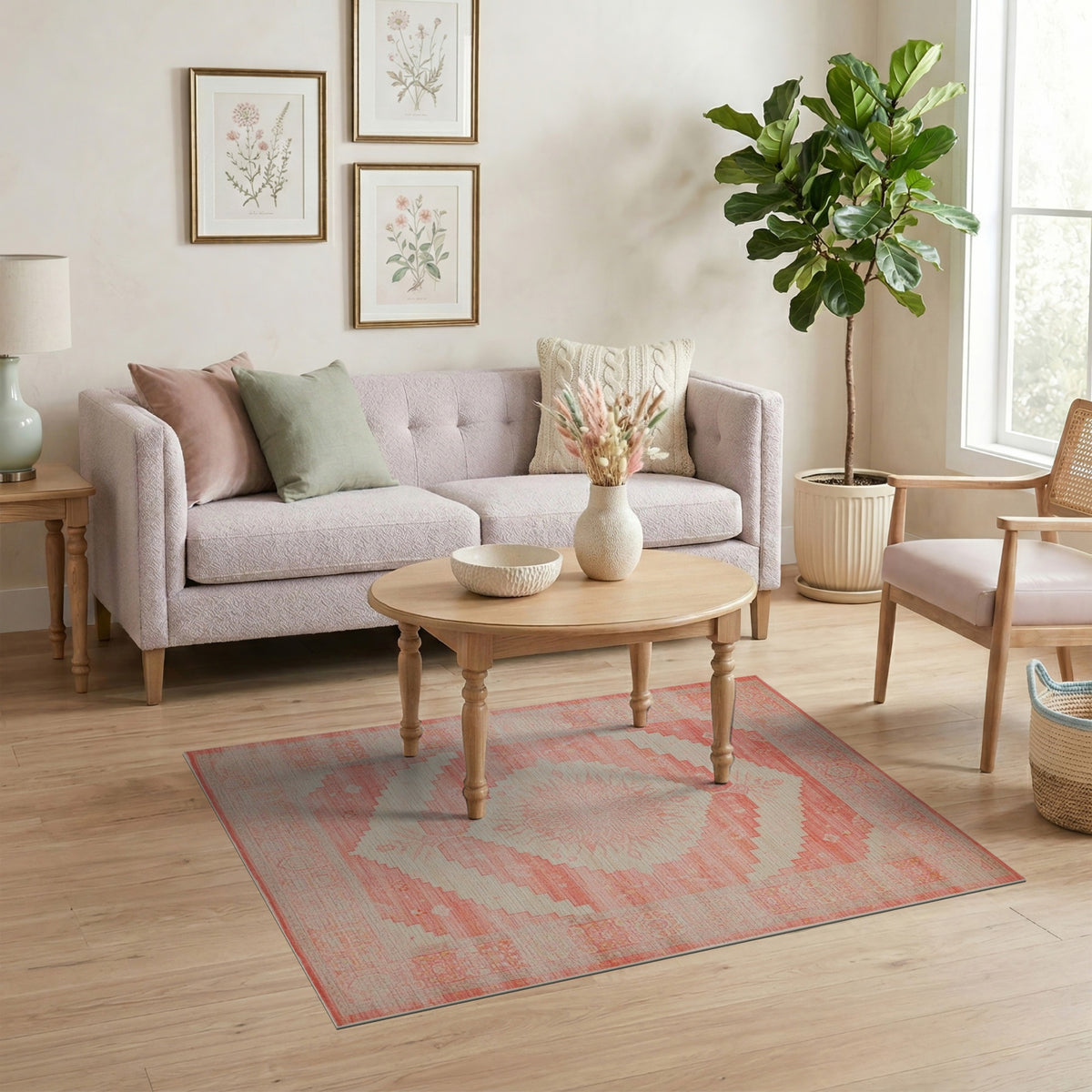 Pink Distressed Vintage Medallion Area Rug