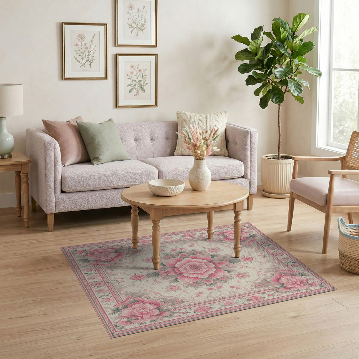 Pink Peony Floral Vintage Area Rug