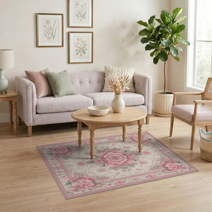 Pink Peony Floral Vintage Area Rug