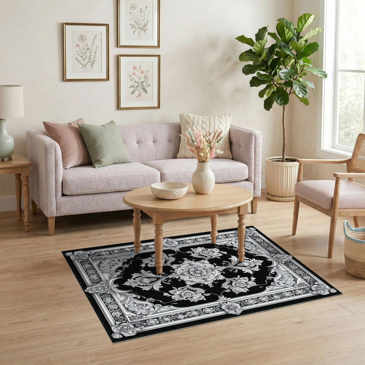 Black White Ornate Floral Vintage Rug