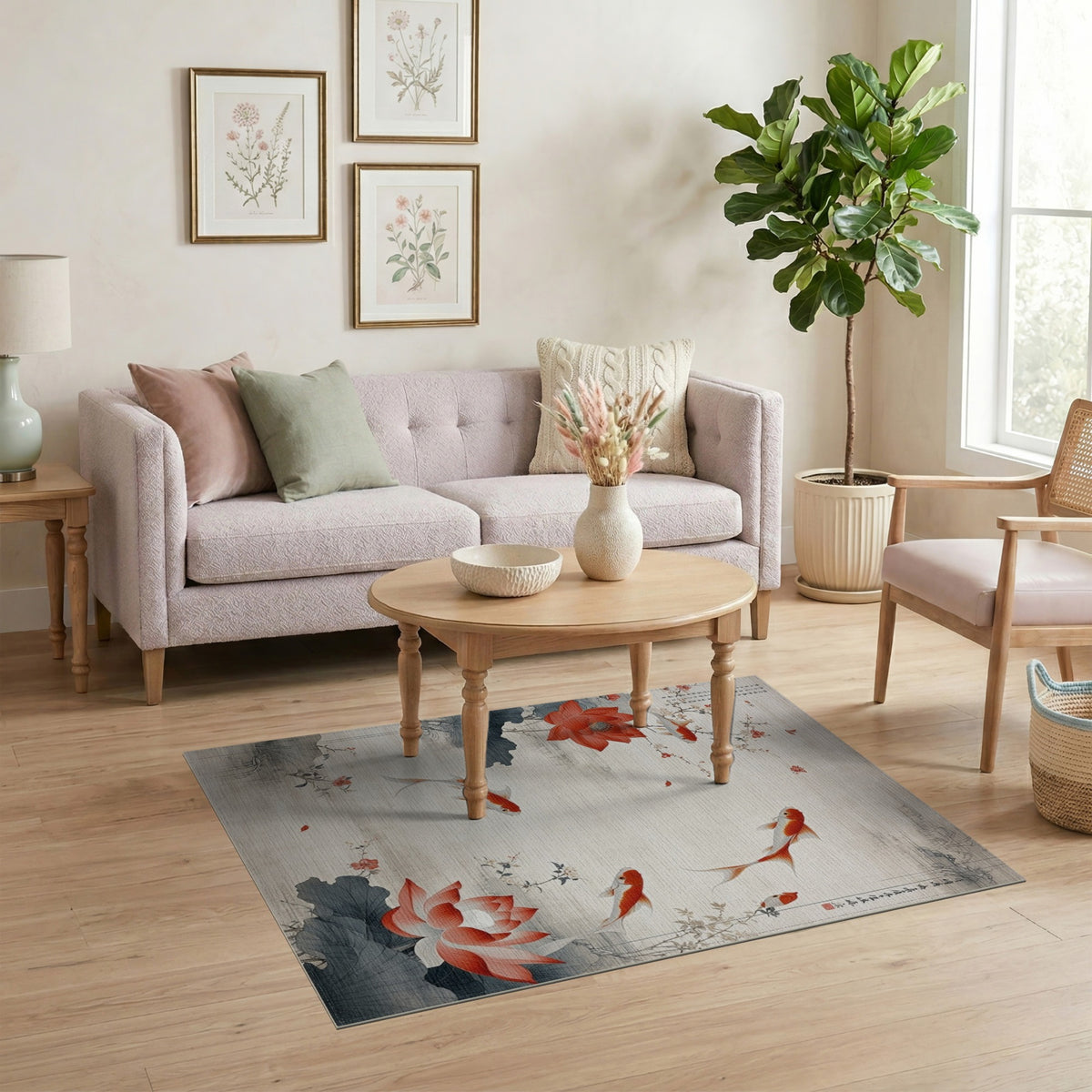 Red Koi Lotus Floral Vintage Area Rug