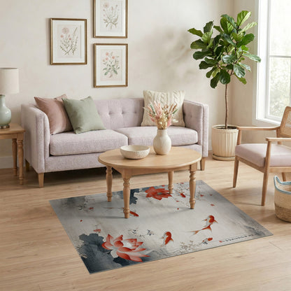 Red Koi Lotus Floral Vintage Area Rug