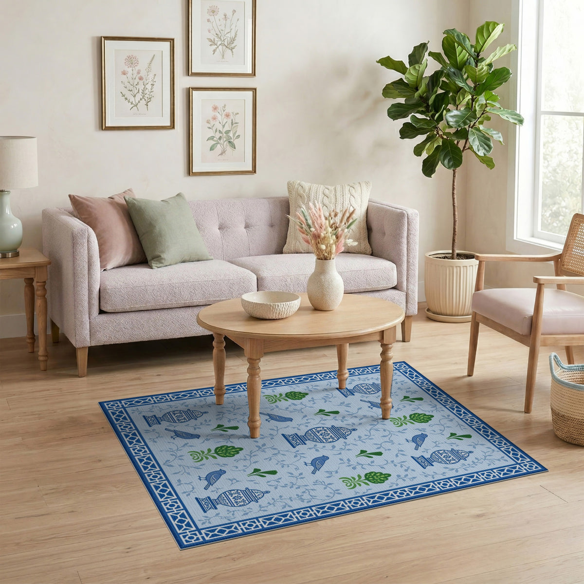 Blue Floral Vintage Area Rug with Urns and Birds