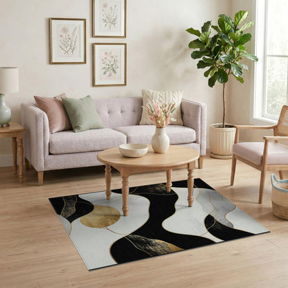 Black White Abstract Gold Wave Area Rug