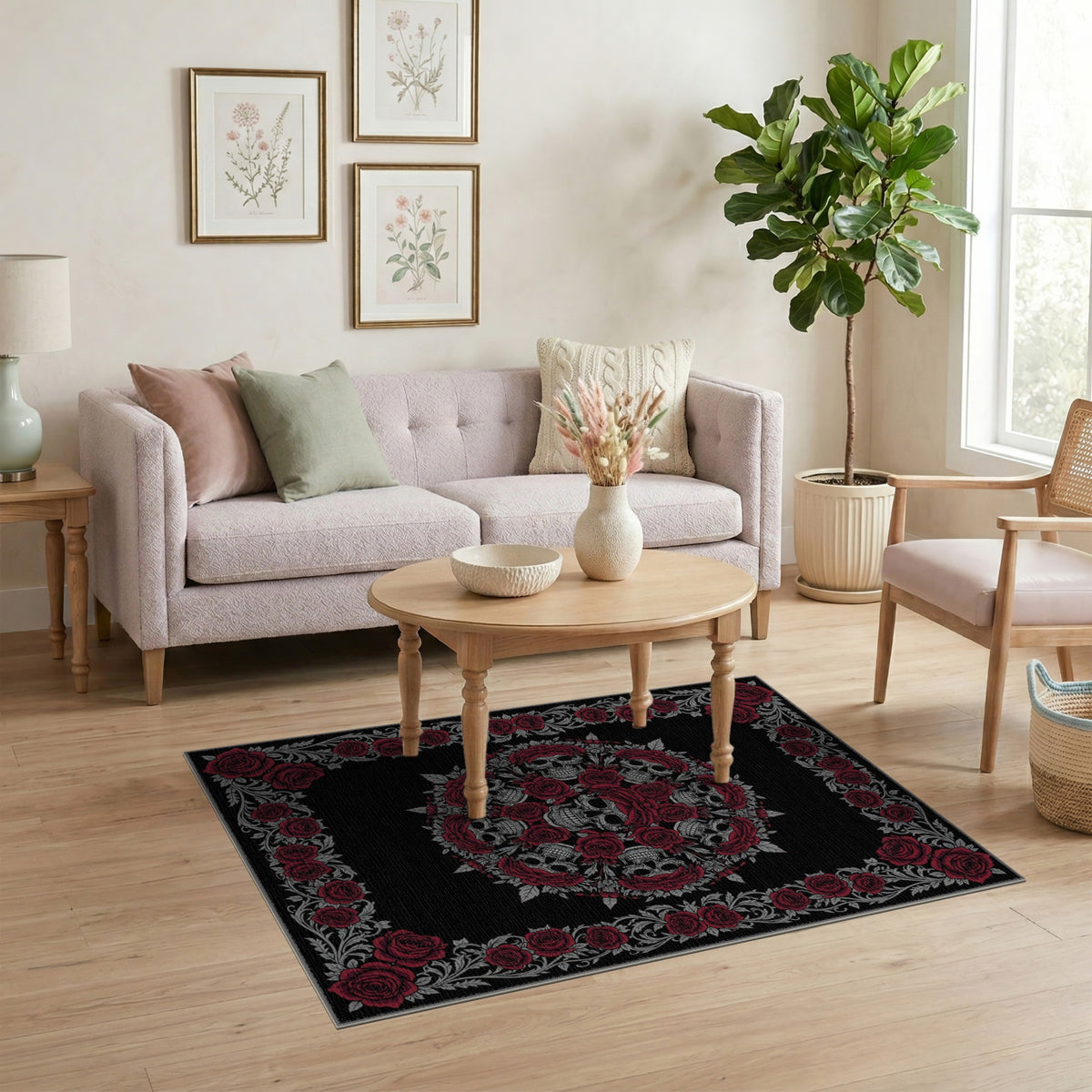 Floral Vintage Red Rose Skull Area Rug
