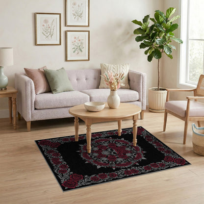 Floral Vintage Red Rose Skull Area Rug