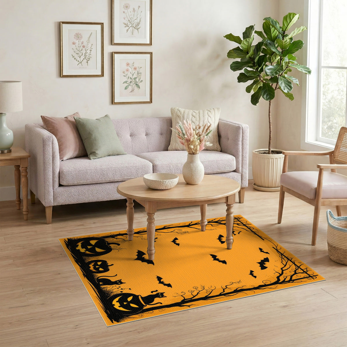 Spooky Orange Halloween Pumpkins Bats Area Rug