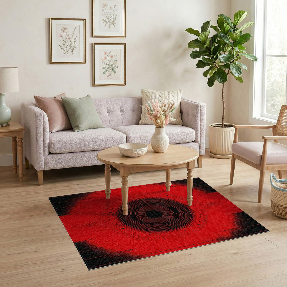 Red Concentric Circle Geometric Area Rug