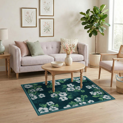 Blue and Teal Hibiscus Floral Area Rug