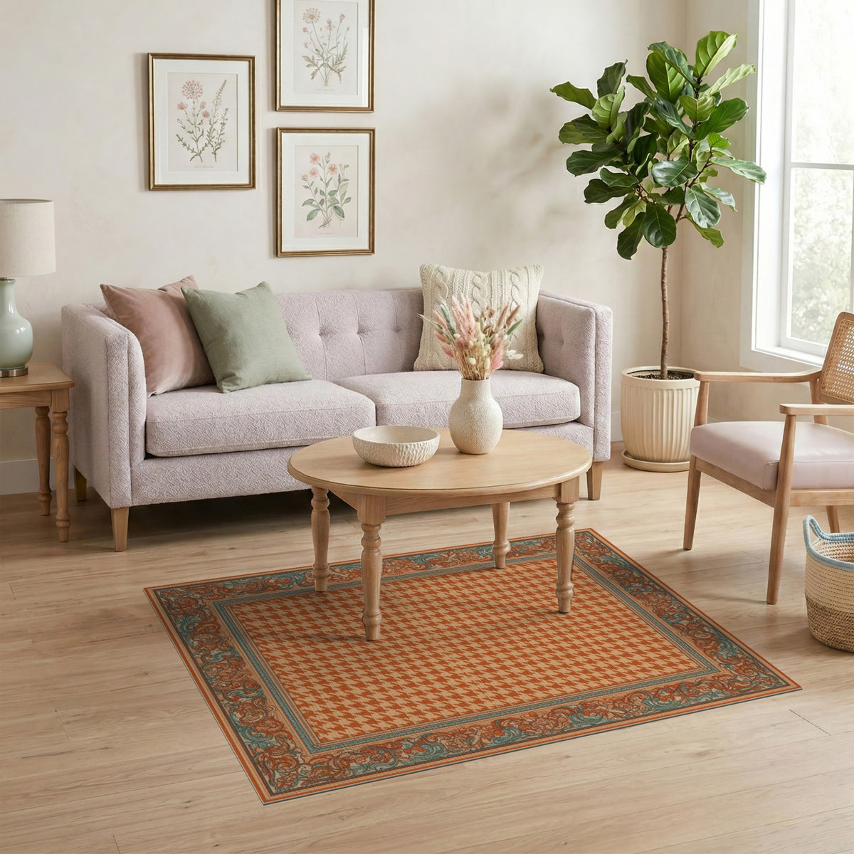 Orange Houndstooth Bordered Area Rug