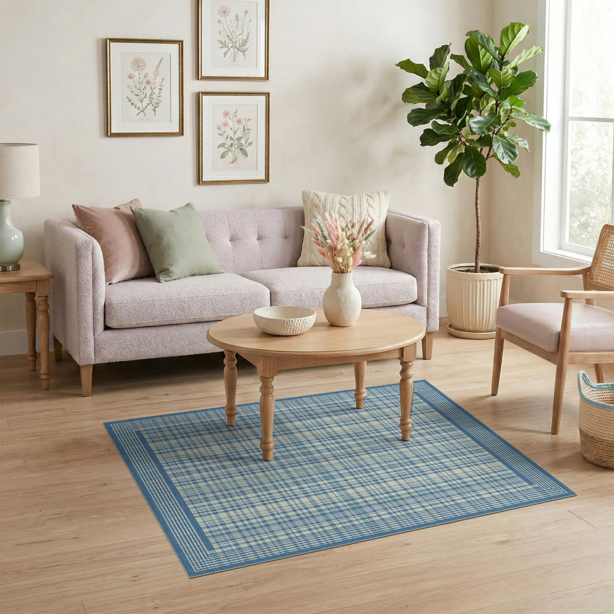 Blue Plaid Bordered Area Rug