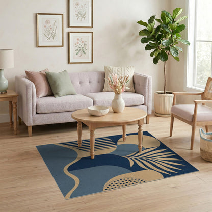 Blue Geometric Palm Leaf Area Rug