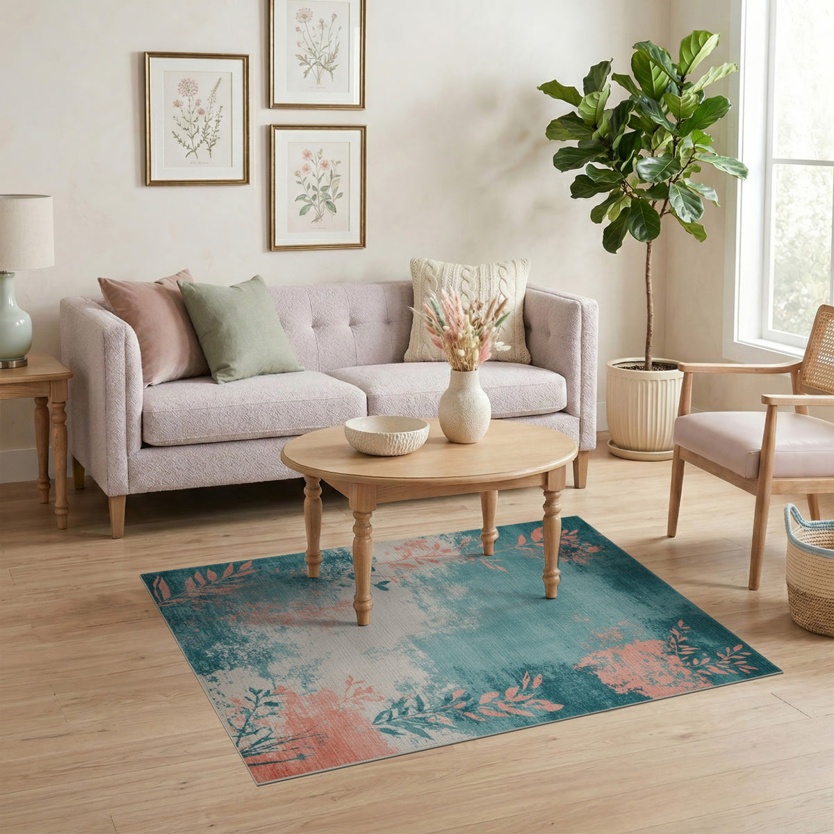 Distressed Teal Coral Leaf Area Rug