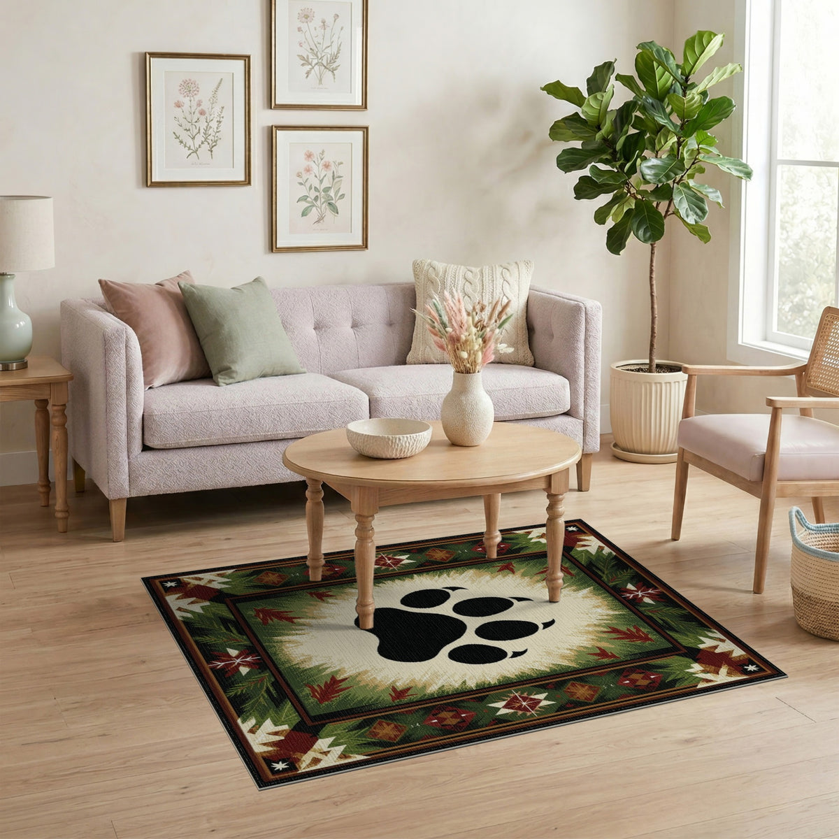 Bear Paw Print Green Rustic Area Rug