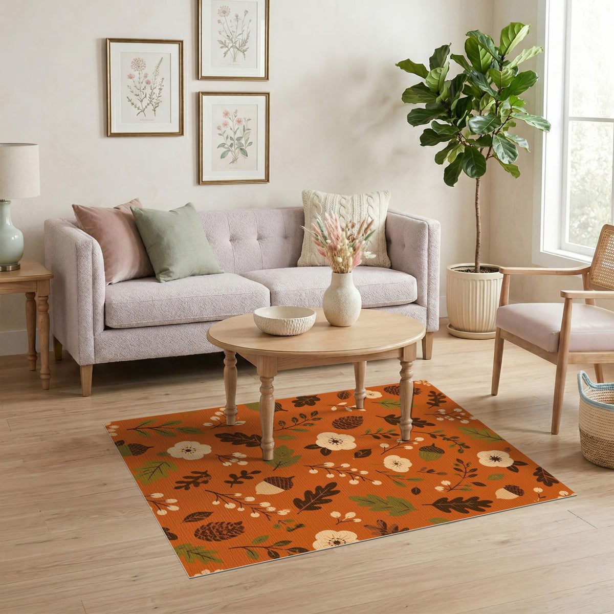 Orange Autumn Floral Acorn Area Rug