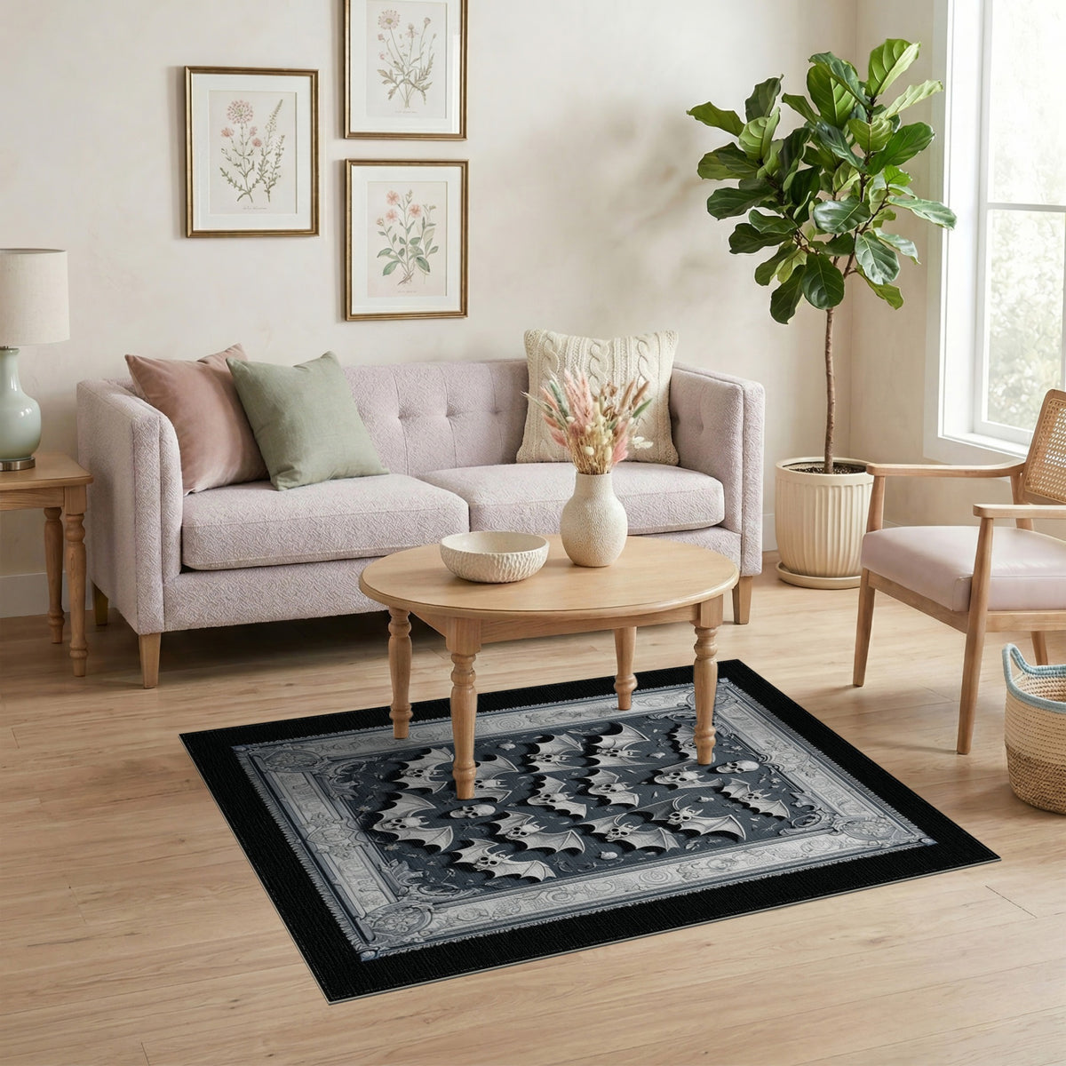 Black and White Gothic Skull Bat Black White Area Rug