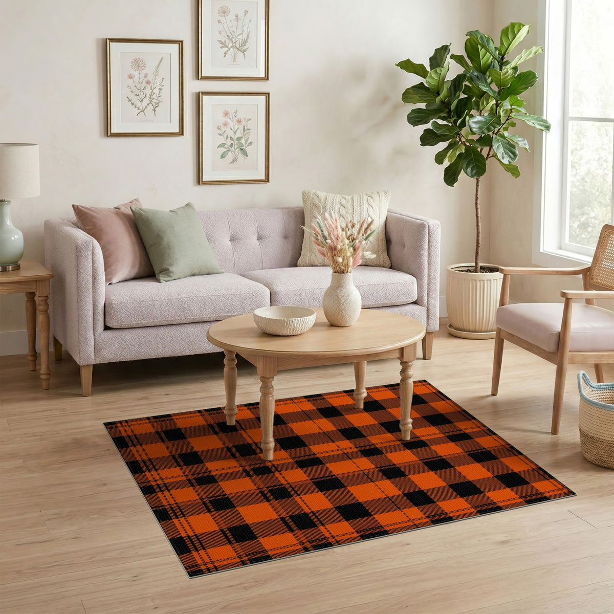 Geometric Modern Orange Black Buffalo Plaid Area Rug