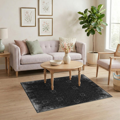 Black White Distressed Vintage Floral Area Rug