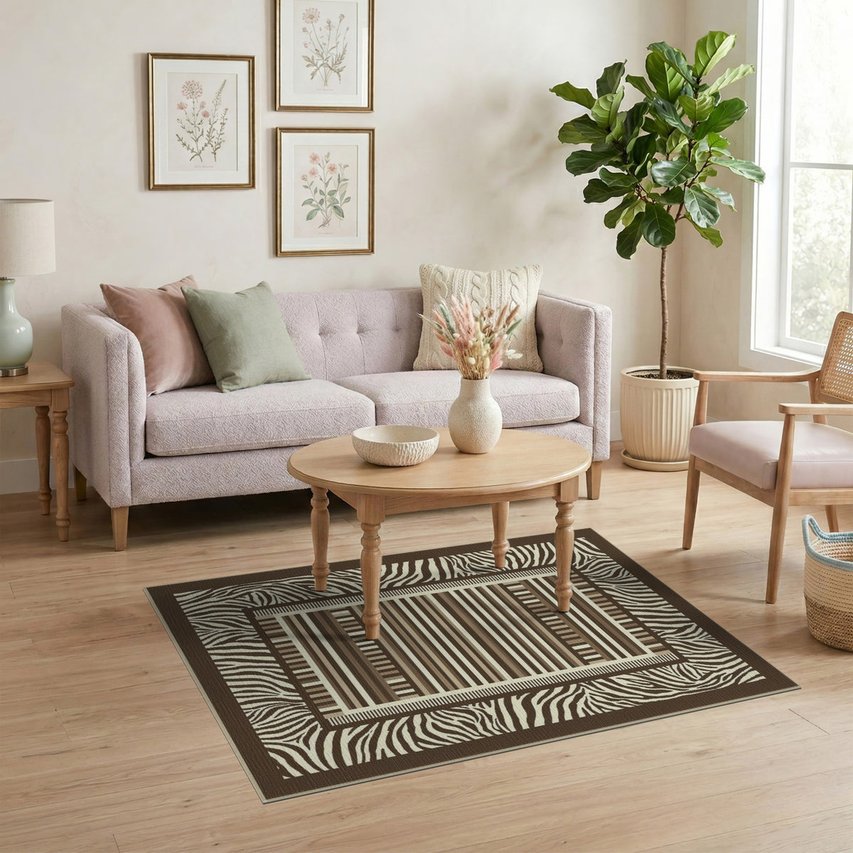 Brown Zebra Border Geometric Striped Area Rug