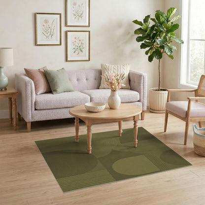 Olive Green Geometric Arcs Area Rug