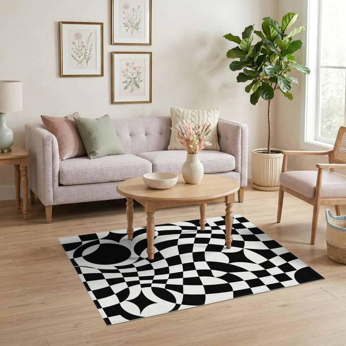 Black White Wavy Geometric Optical Area Rug
