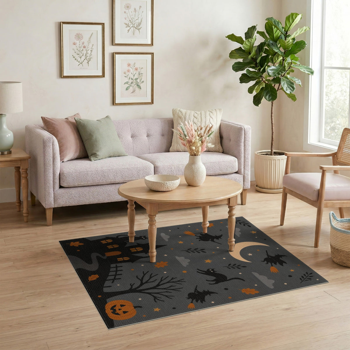 Grey Halloween Witches Cats Kids Cartoon Area Rug