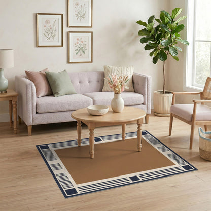 Geometric Brown Navy Border Area Rug