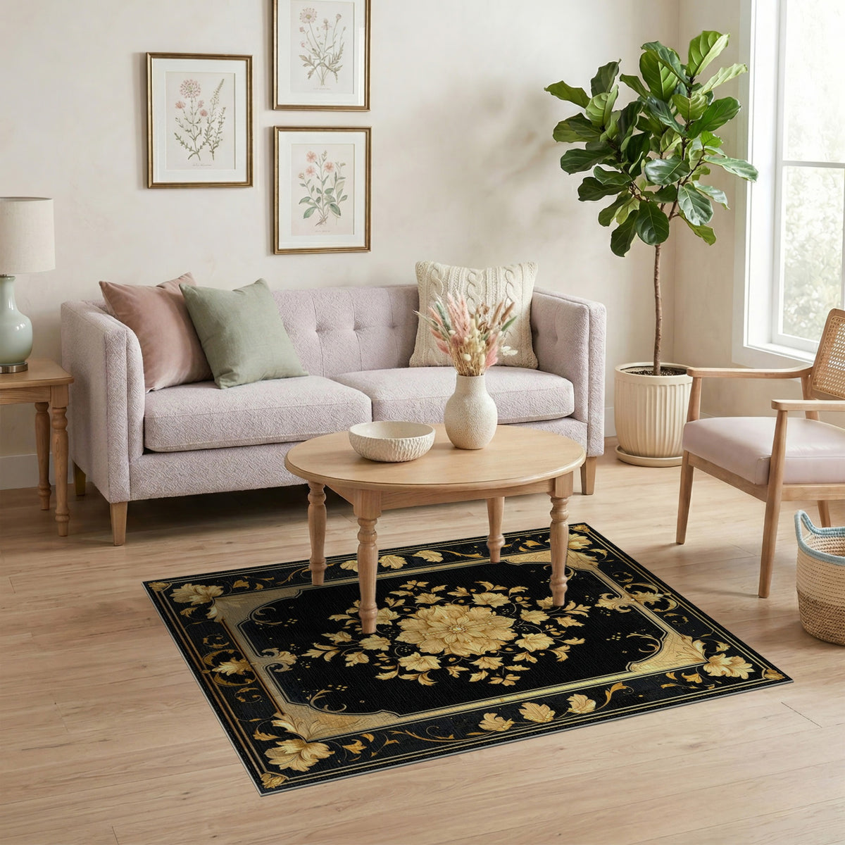 Black and Gold Floral Medallion Rug